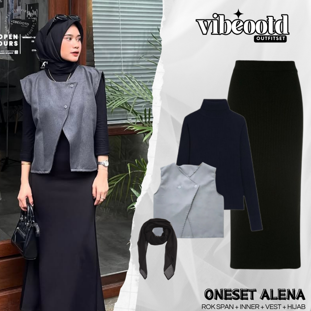 DISKON ALENA OUTFIT SET WANITA HIJAB ( ROK SPAN + MANSET INNER +VEST + BELLA SQUARE )SETELAN HANGOUT