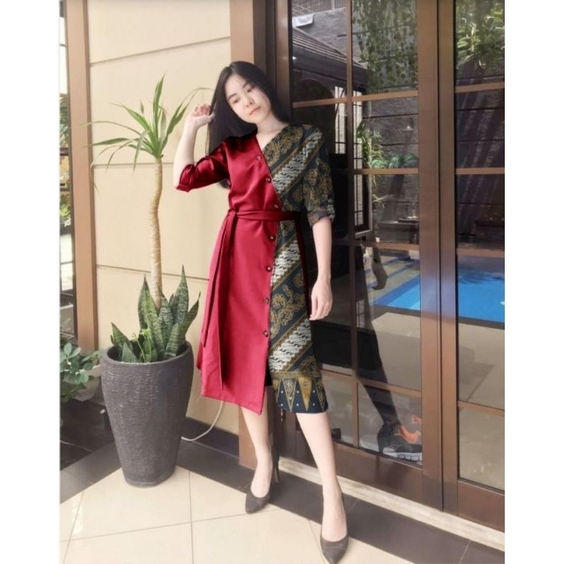 Lauren Batik Dress Kombinasi Elegan - Dress Modern Motif Batik Kekinian