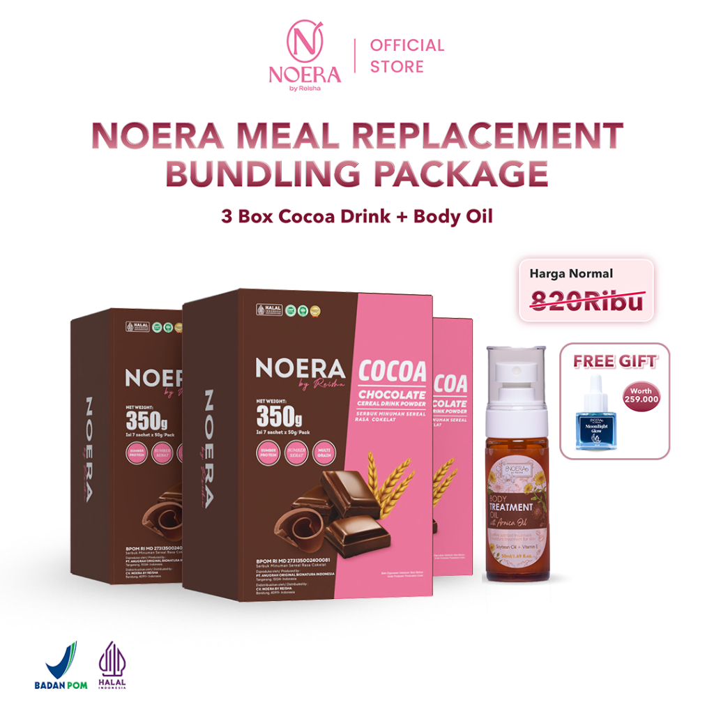 

Noera Paket 3 Box Lean Cocoa + Body Treatment Oil - FREE Moonlight| Noera Meal Replacement | Pengganti Makan | Susu Diet Coklat | Chocolate Cereal Powder Drink