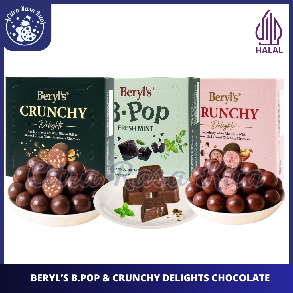 

Beryls Crunchy Delights Chocolate Biscuit Ball & B Pop Fresh Mint Bittersweet Chocolate Halal 50g-60g