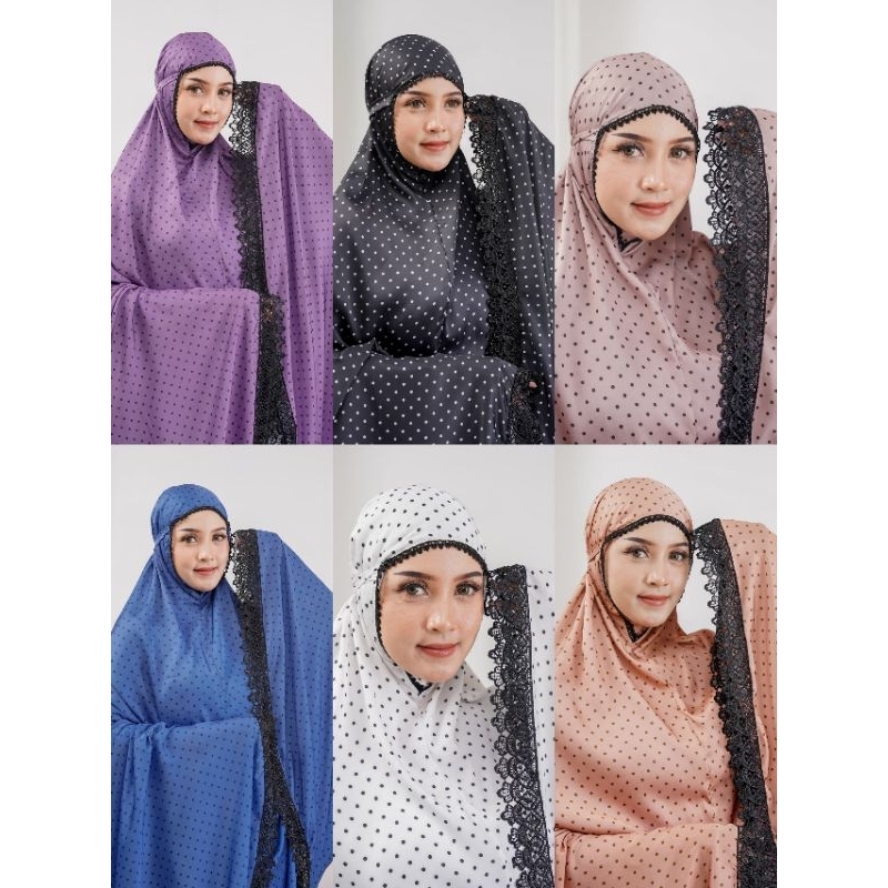 MUKENA AZRA SILK ARMANY POLKADOT RENDA ZIPER UKURAN JUMBO