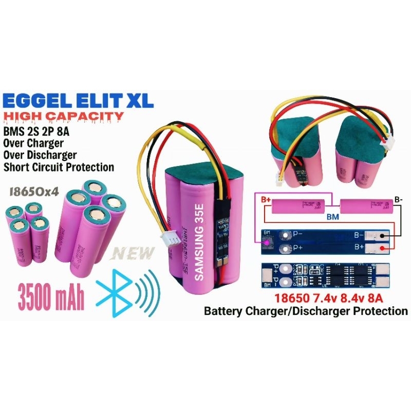 Battery EGGEL Elite XL/XL2/XL 2S 7.4V 8.4V BMS 2S 2P 8A 14000 mAh High Capacity Soket XH 3PIN