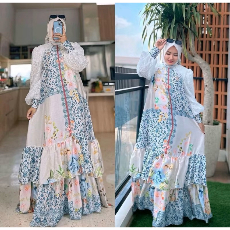 Shellasaukia Gamis Silk Set Hijab Lengan Brukat ORI by shella saukia Bahan silky Armany premium  Mix