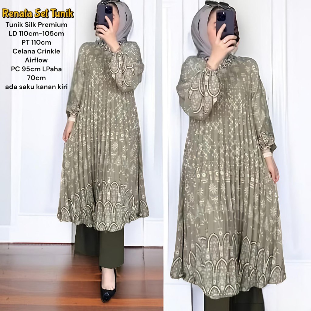 Renata Set - One Set Wanita Tunik Silk Prisket Setelan Wanita Kekinian Lengan Panjang LD 110 cm
