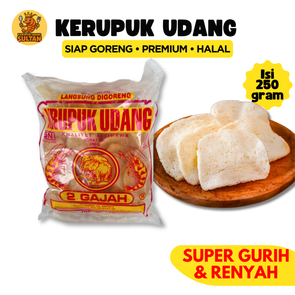 

Kerupuk Udang Mentah 2 Gajah Asli Cirebon Indramayu 250 g Krupuk Halal Gurih Renyah Enak Premium