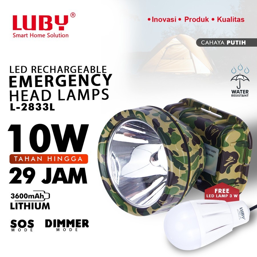 Luby Senter Kepala LED Super Terang Lithium L 2833L 10Watt CAHAYA PUTIH