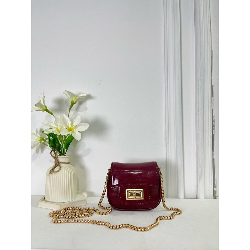 Tas selempang wanita mini koin / Tas selempang anak bahan glossy anti air Variasi Maroon