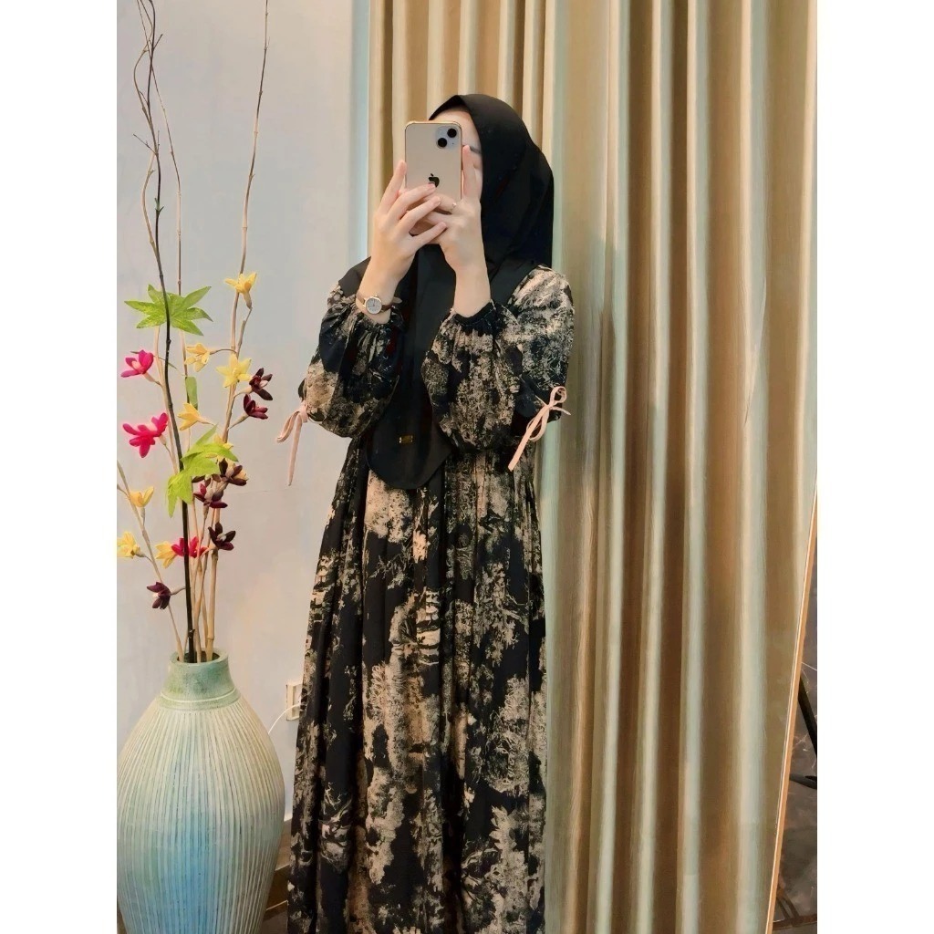 Dress Motif Rayon Premium Gamis Anjani Kekinian Model Pita Bisa COD