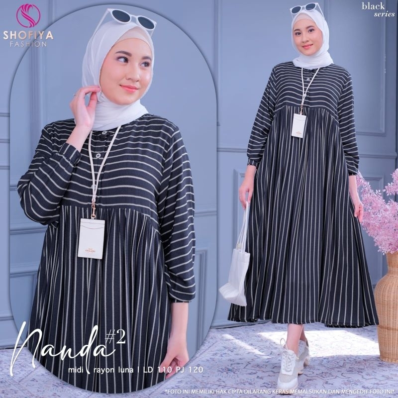 Gamis Wanita Midi Dress Casual Rayon Premium Motif Garis Vest Rompi Sanaya Nanda • Nabila Ori By Sho