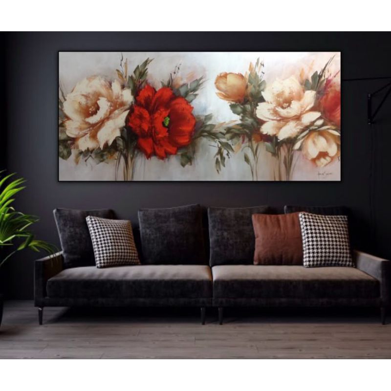 Lukisan Bunga Mawar Aesthetic Teksture Modern Dinding Tebal Abstrak Ruangan Kamar Tamu Kantor Hotel 