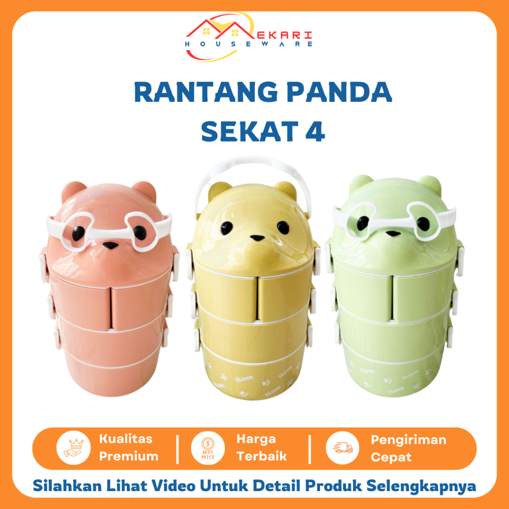 Rantang Panda Plastik Sekat 4 Susun 3 Piknik Souvenir Lucu