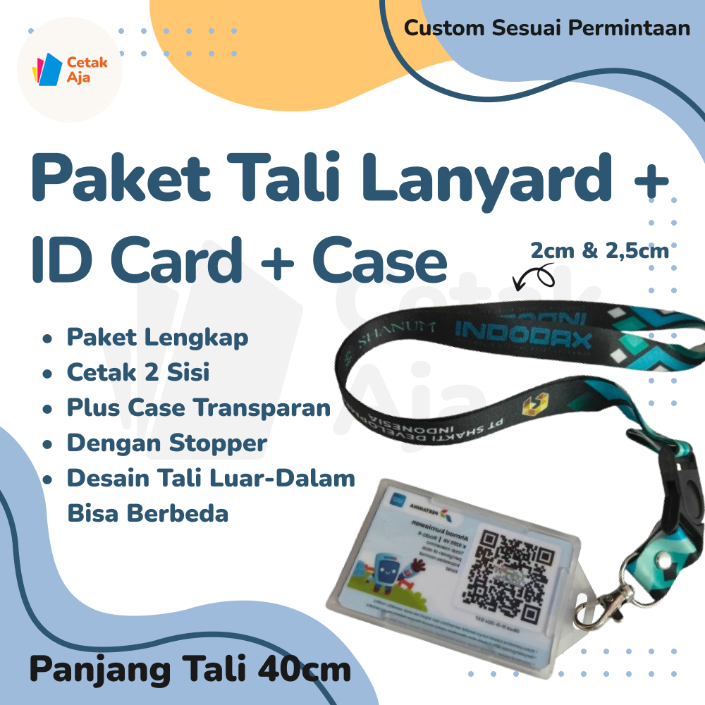 

Paket Lengkap Cetak Custom Tali Lanyard + ID Card 2 Sisi + Case Transparan Panjang Tali Bahan Tissue