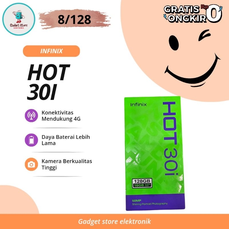 Infinix Hot 30i Ram 8/128 GB Handphone Android 4G Garansi Resmi