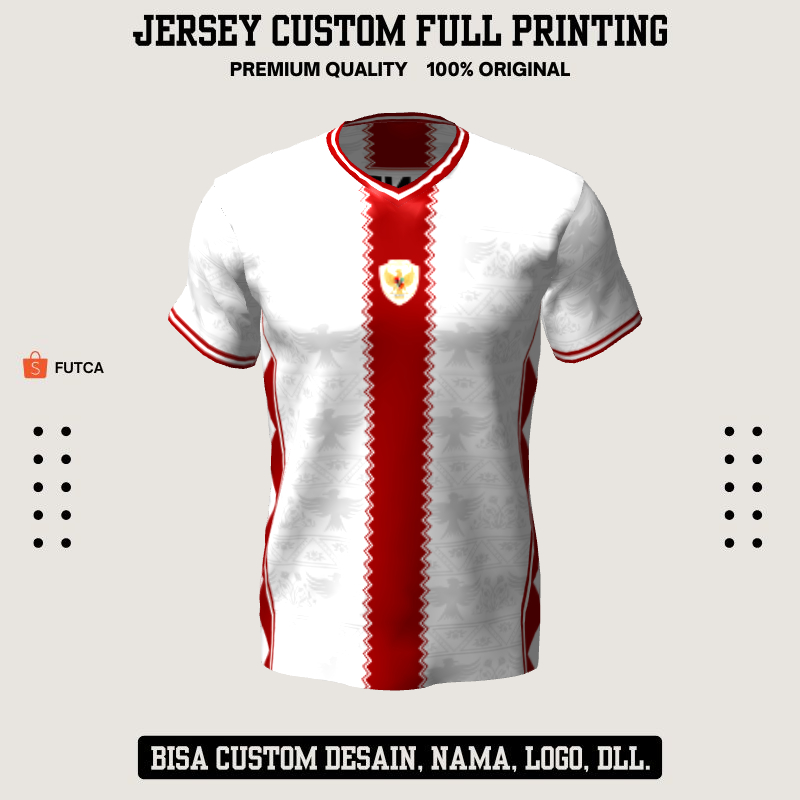 Kaos Jersey Futsal Timnas Putih Merah Motif Geometris 591 - Jersey Baju Olahraga Custom Full Printin