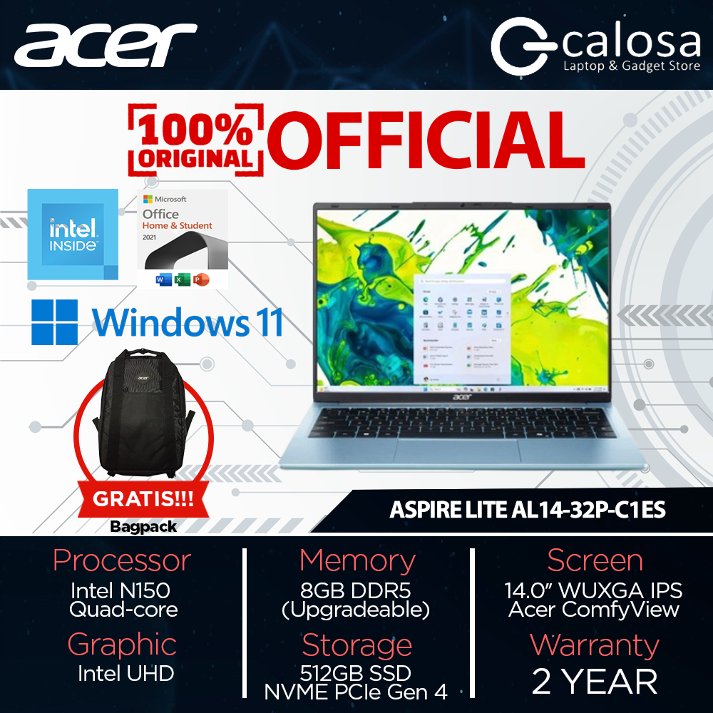 Laptop Acer Aspire Lite 14 C1ES C9VS C3HJ Intel Celeron N150 RAM 8GB 512GB SSD 14" WUXGA Windows 11 