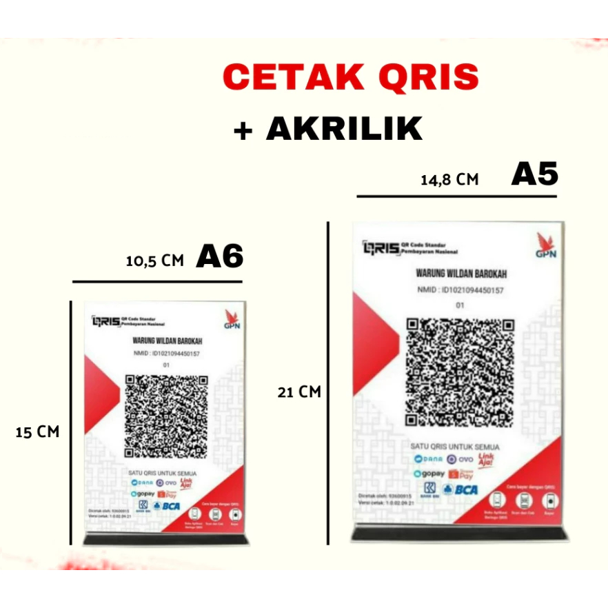 CETAK SEGALA MACAM QRIS CUSTOM | QRIS BAYAR + AKRILIK A6 & A5 CUSTOM