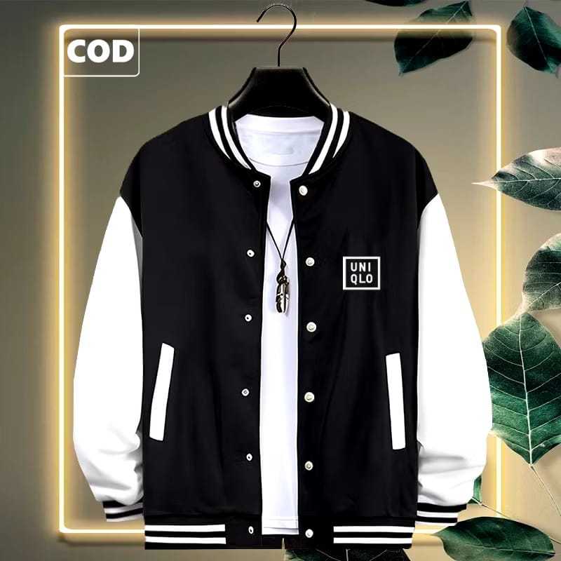 Terlaris Free Jaket Varsity Kancing Text Putih Uniqlo Long  Sweater Distro Termurah Hoodie Terbaru P