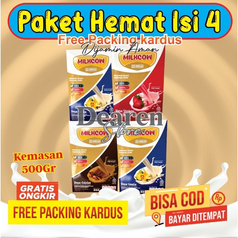 

MILKCOW Susu Paket Hemat isi 4 pcs . susu penambah berat badan kemasan 500 gram dapat 4 box . susu penggemuk . susu anak maupun dewasa