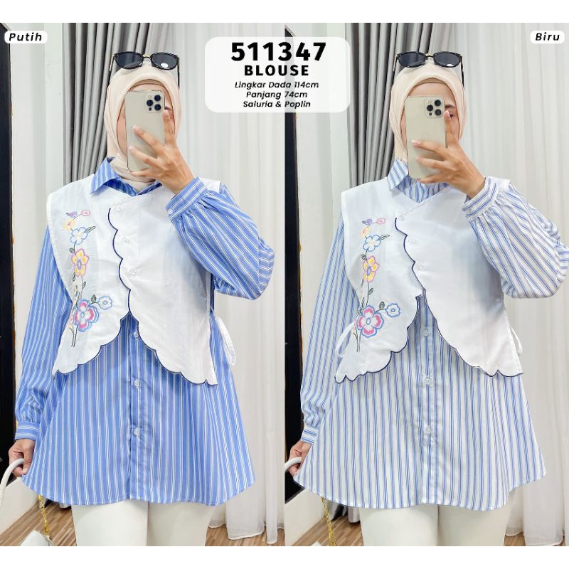 Blouse Tunik Salur Kombinasi Rompi Bordir Bunga – Atasan Wanita Korea Style Fit XL