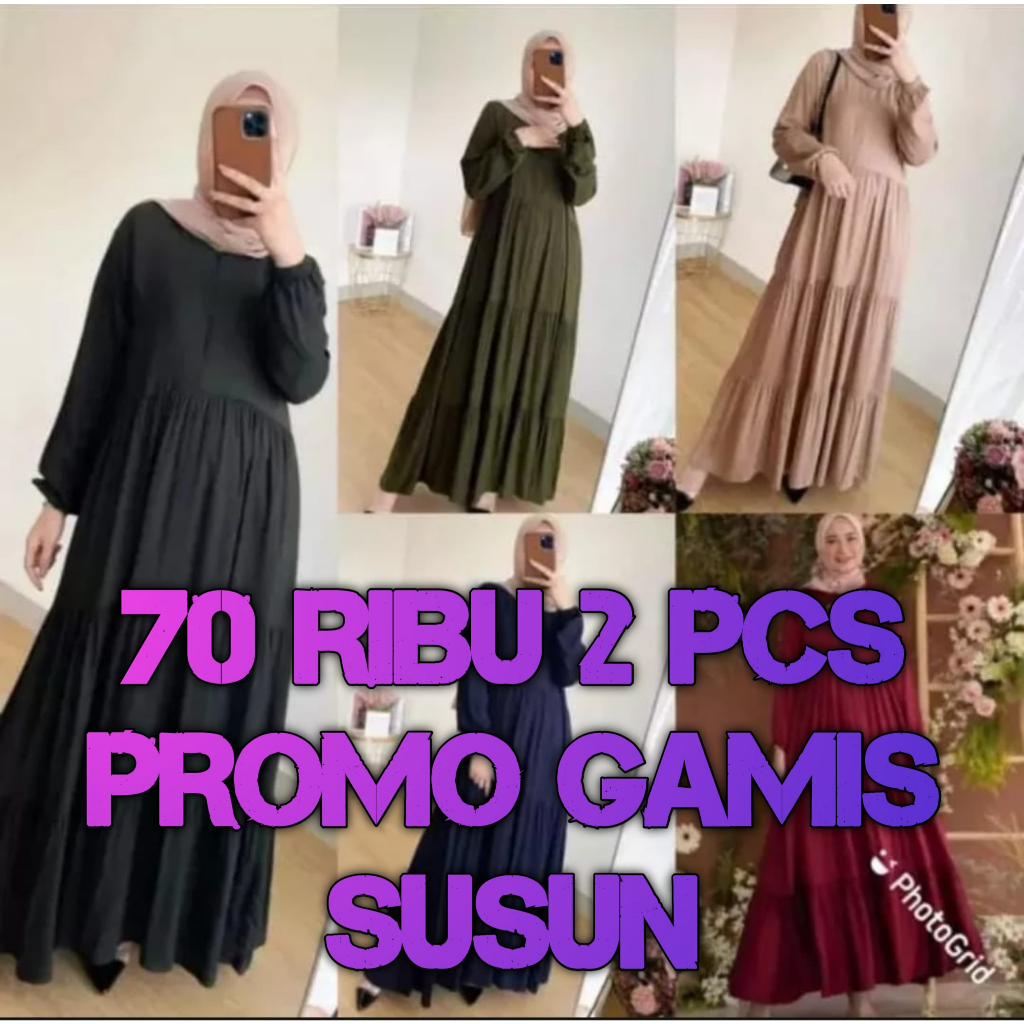 70RB DAPAT 2PCS GAMIS CANDA REMPEL 3 SUSUN//GAMIS POLOS JUMBO//BAJU GAMIS WANITA TERBARU