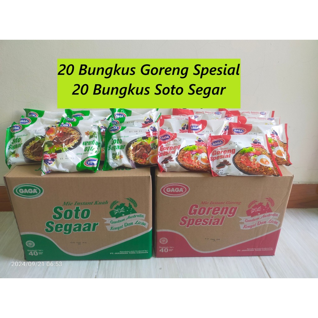 

Paket 411: 40 Bungkus Mie Gaga 2000 : Goreng Spesial 20 Bungkus dan Soto Segar 20 Bungkus