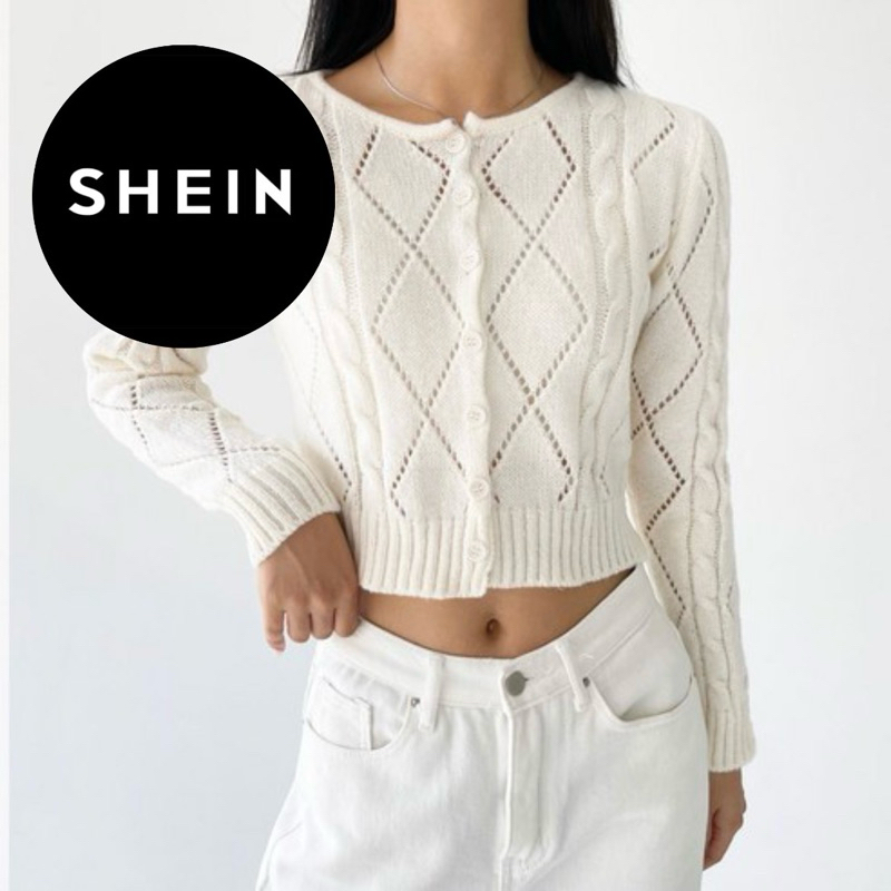 [NEW] SHEIN cardigan cable knit crop broken white atasan kepang rajut kapas putih tulang gading
