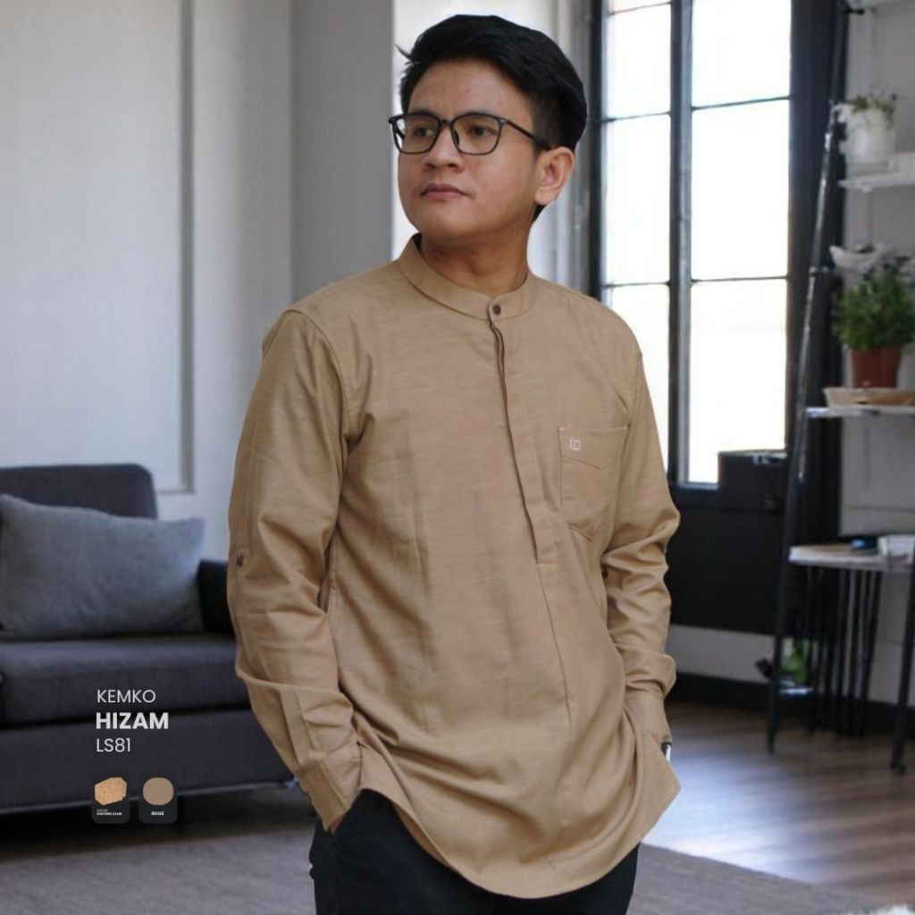 LUQMAN HAKIM Hizam Beige | Kemko Kemeja Koko Pria Lengan Panjang | Baju Muslim Casual Harian Kekinia