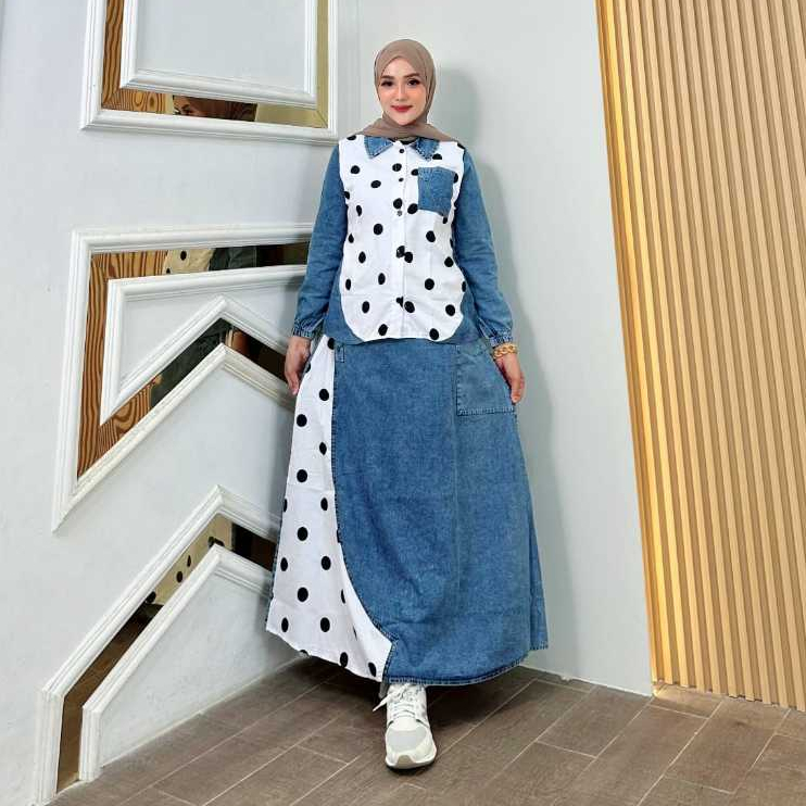 Zefanya One Set Jeans Polkadot Fashion Muslim Wanita Kekinian