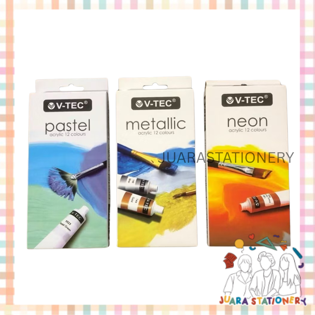 

JUARASTATIONERY Cat Acrylic V-Tec 12 Warna Pastel Neon Metallic Colors 6ml - Cat Akrilik VTec Paint Set