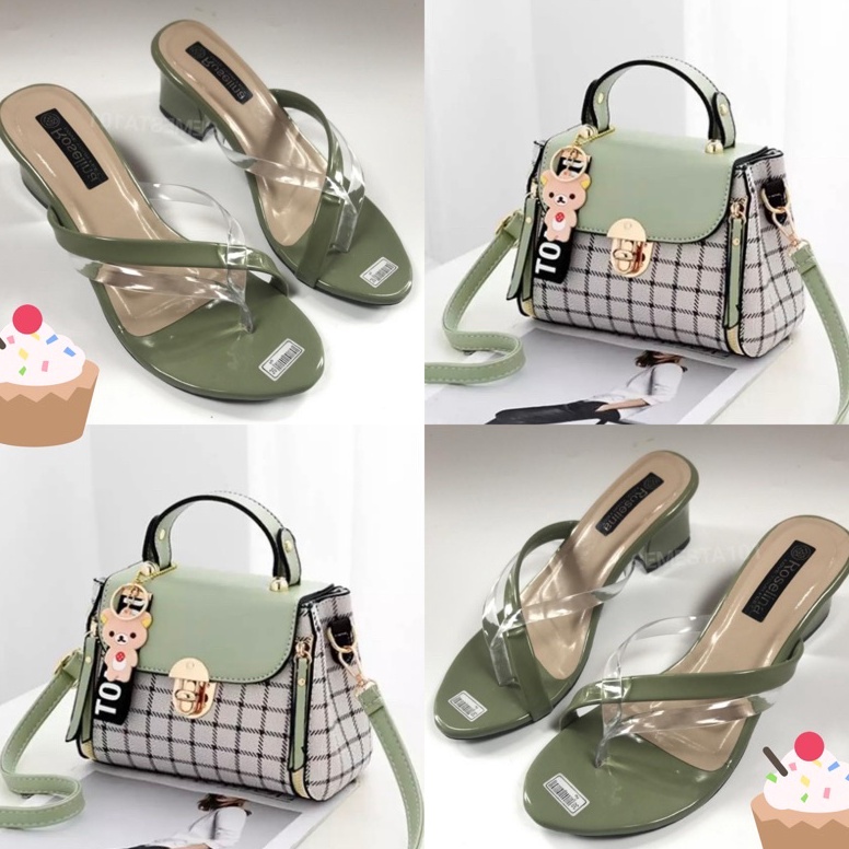 55READY Promo  Satu Set Tas Square Fashion Wanita  Sandal Hak Tinggi 5cm