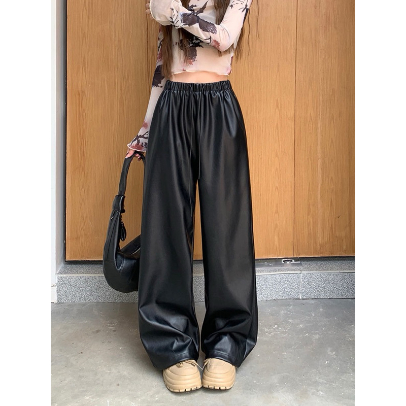 jolènne - leather pants casual pants women autumn and winter high waist slim straight pants loose wi