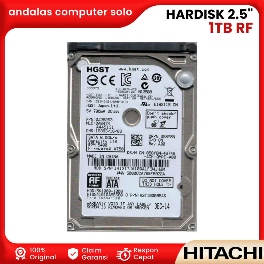 HARDISK HDD RF LAPTOP 2.5" HITACHI HGST 1TB HDD 6Gbps 5400RPM HDD HARDISK LAPTOP 1TB RF SATA III GAR