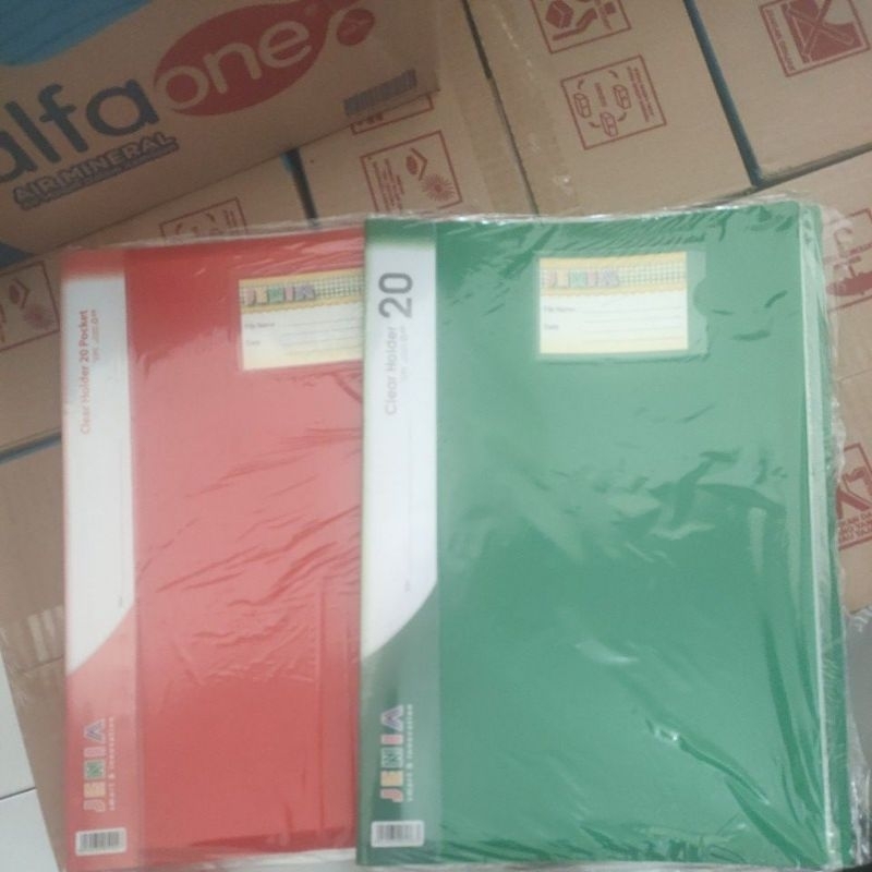 

clear holder ,,map file berkas isi 20 sheet merk jenia warna hijau dan merah