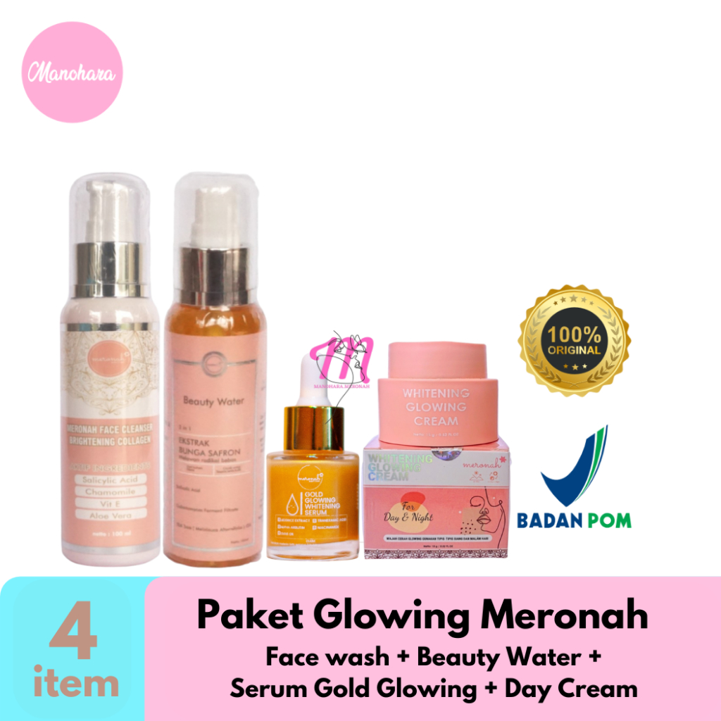 Meronah Paket Glowing Mencerahkan Kulit Wajah / Cream 2in1 / Face Wash Collagen / Serum Glowing Plus