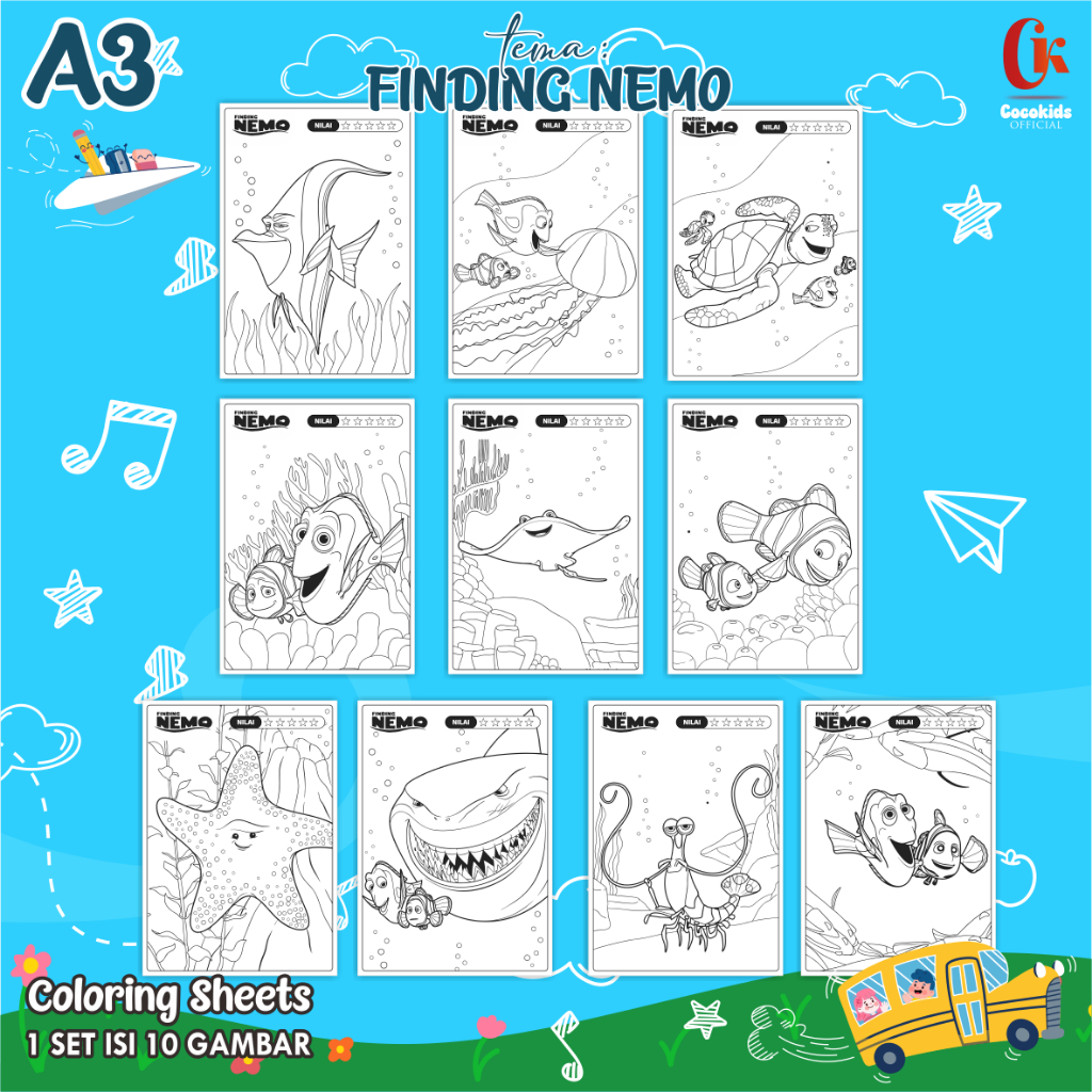 

(FINDING NEMO 01) KERTAS MEWARNAI ANAK A3 - COLORING SHEETS SERIES 1 - LEMBAR MEWARNAI ANAK PAUD/TK/SD