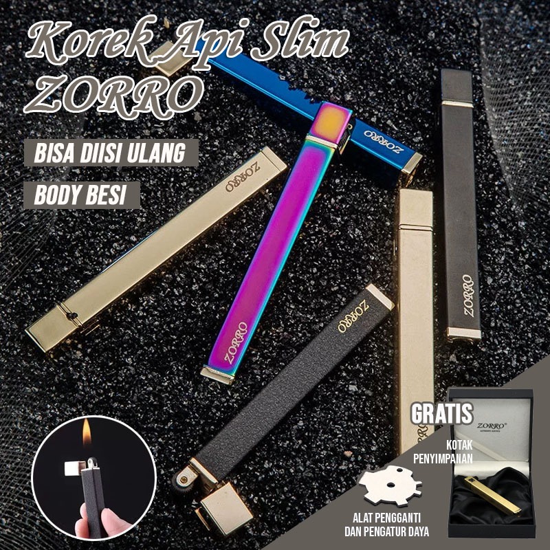 BBAK Korek Api Gas Slim ZORRO Body Besi Bisa Diisi Ulang GRATIS KOTAK PENYIMPANAN