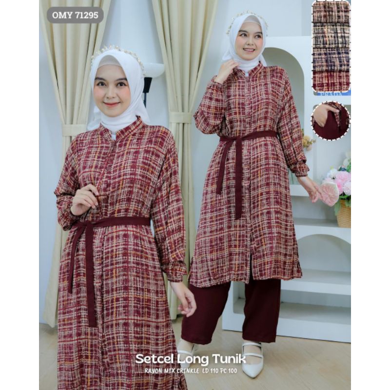 Baju omy 71294 ( isi 2) setelan celana long tunik rayon mix crinkle motif premium one set wanita mus