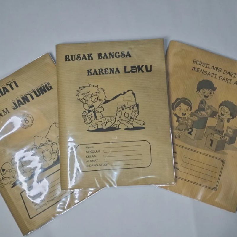 

buku tulis sudah disampul coklat ada gambarnya dan sampul plastik