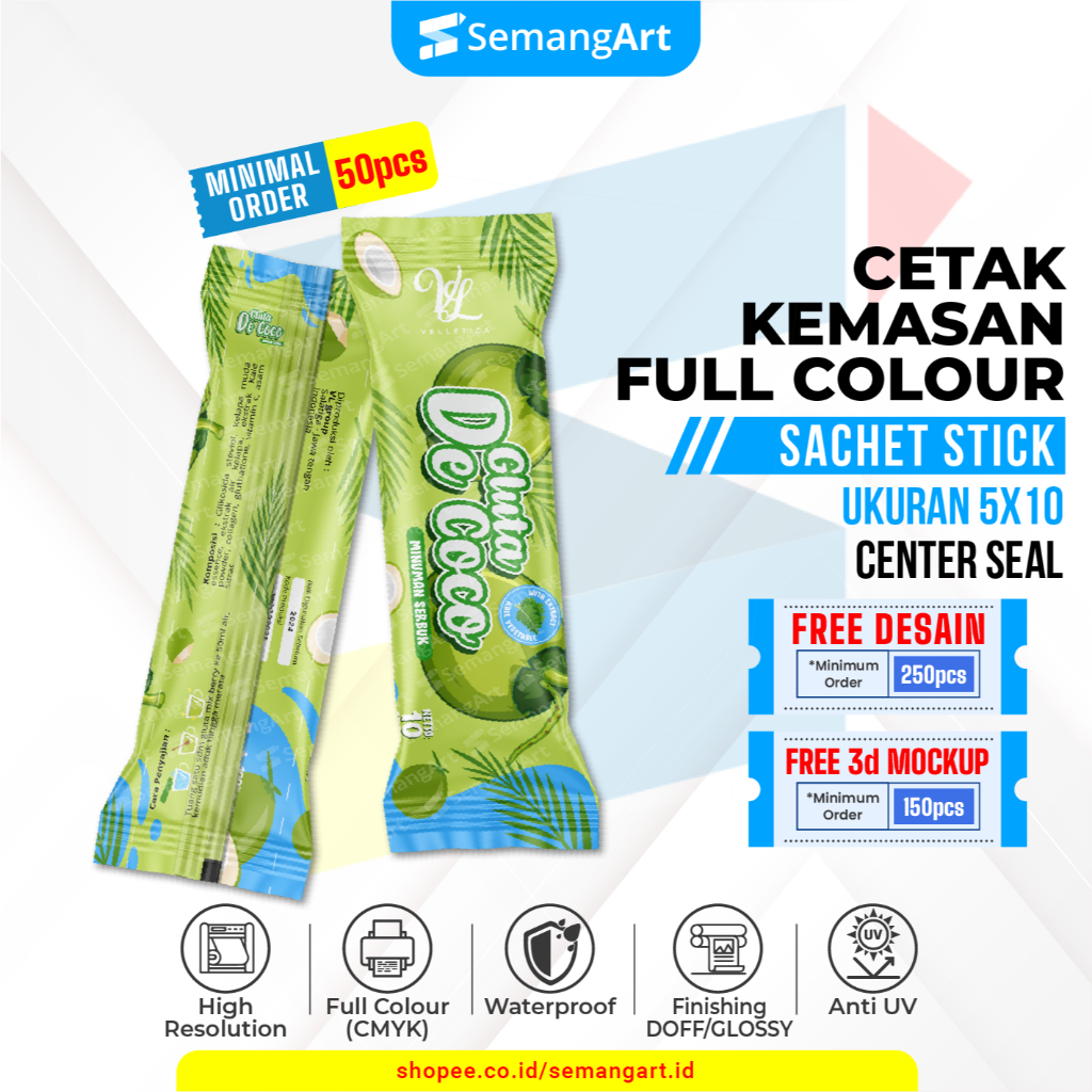 

Cetak Sachet 5x10 Kemasan Minuman Serbuk Collagen Protein Bar Makanan Full Printing Desain Custom