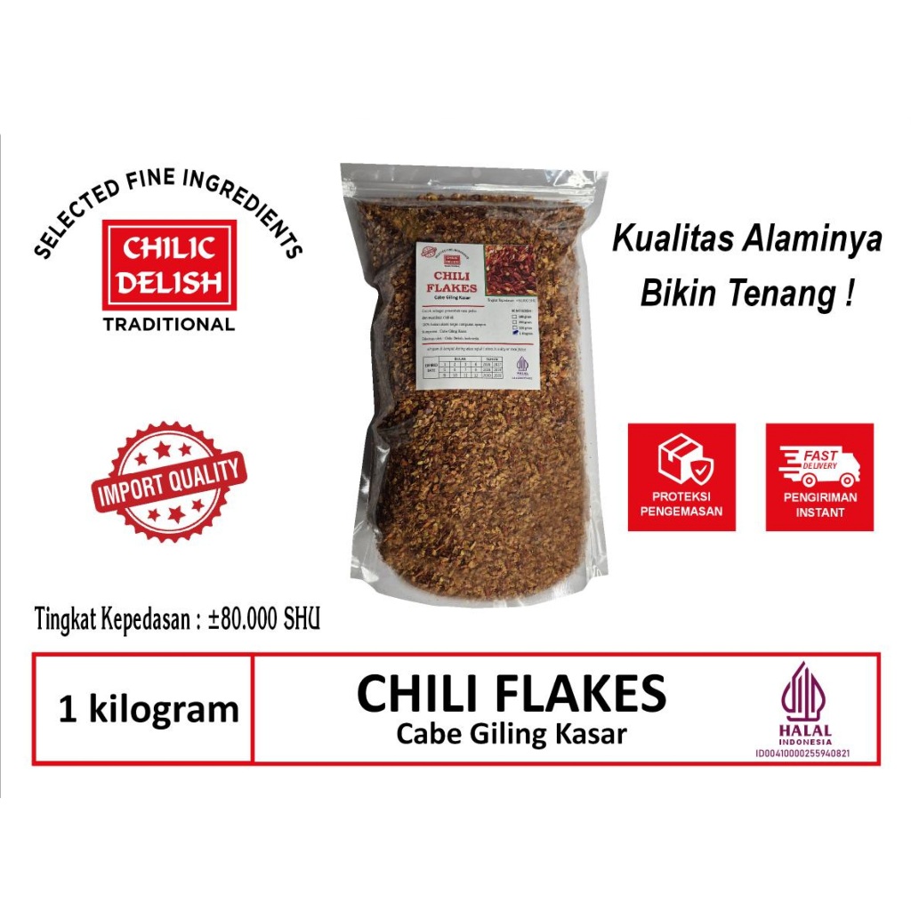 

Chili Chilli Flakes Cabe Cabai Bubuk Kasar Extra Super Pedas Kualitas Impor Premium 100% Alami Chilic Delish