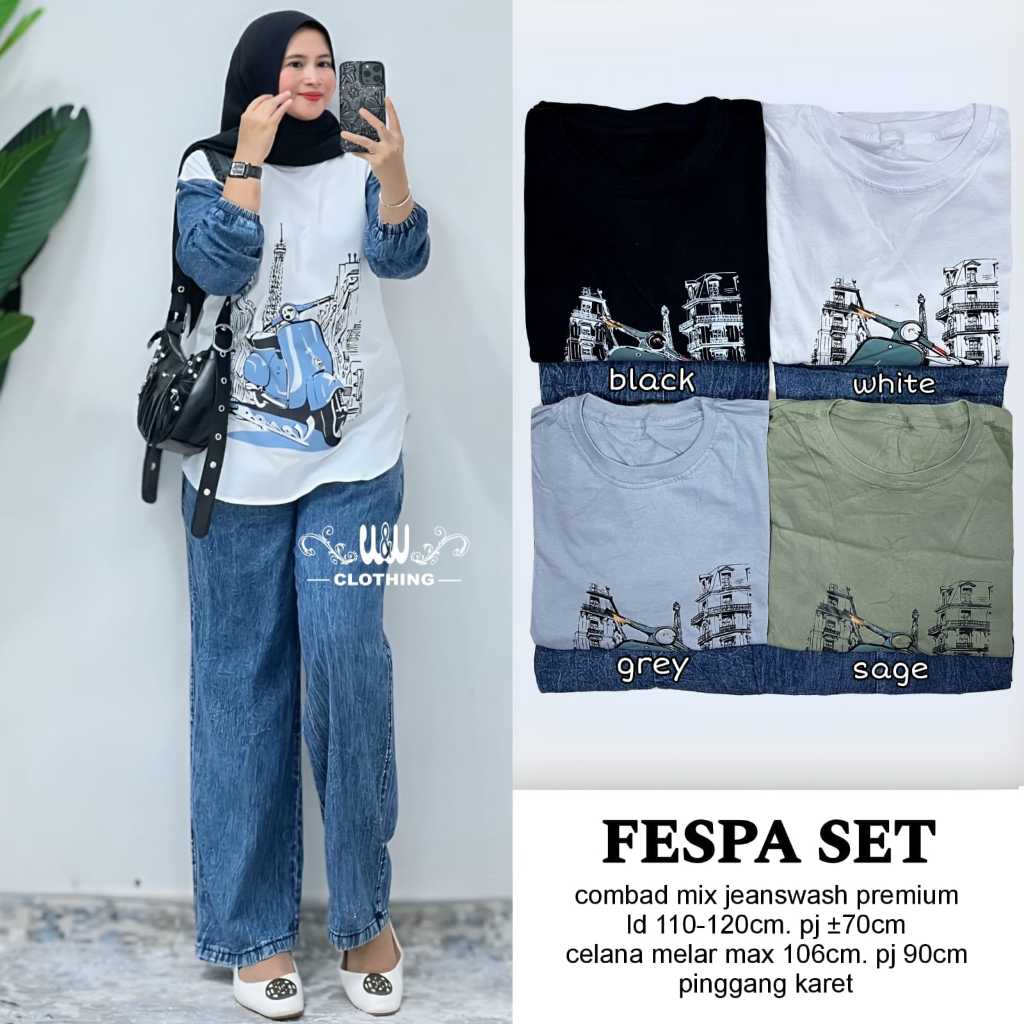 Fespa set - One Set Setelan Jeans Wanita mix Katun Combed Premium Jumbo Ld 120 Kekinian