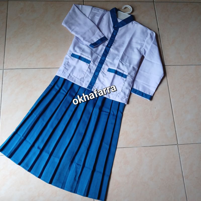 okhafarra stelan baju putih rok Biru Benhur panjang SD/MI/Tk rempel // rok anak //baju putih list bi