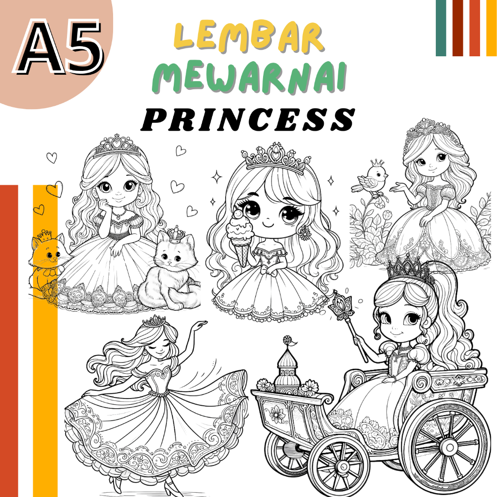 Lembar A5 Kertas Mewarnai Tema PRINCESS | Coloring Worksheet | Children Coloring Pages | Lembar Mewa