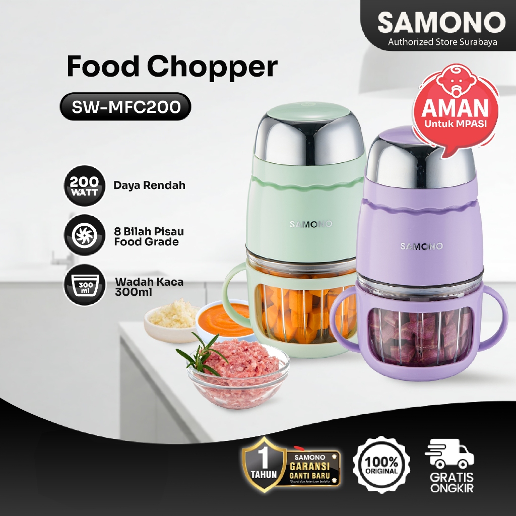 SAMONO Food Chopper MPASI Wadah Kaca 300ml Food Grade 8 Mata Pisau SW-MFC200 Garansi 1 Tahun