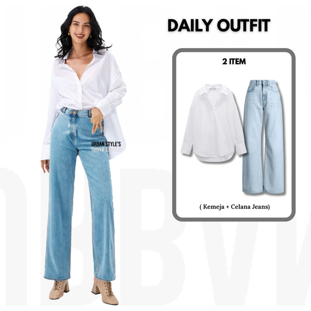 UrbanStyle's - 2IN1 Thea Jeans Set Kemeja Putih Basic Outfit One Set Wanita Kekinian Simple Classy