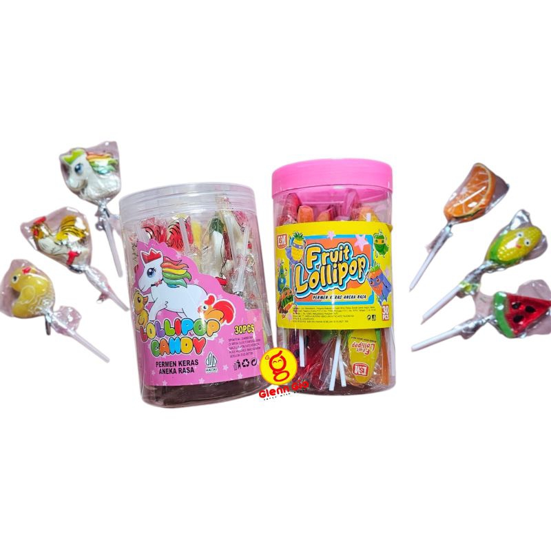 

Permen KERAS Lolipop Aneka Bentuk Fruit Lolippop DSM Toples isi 30 pcs