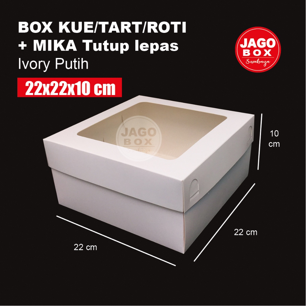 

Box Kotak Kue/Tart/Roti 22x22x10 cm Tutup Lepas + Mika Ivory Putih