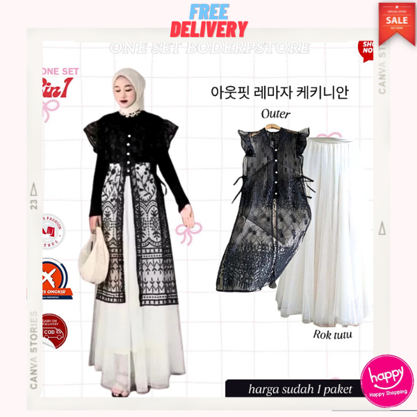 One Set 3in1 Dress Well Outer Long Vest 4in1 Baju Kondangan(Tunik TIle+ Rok Tutu + Hijab + manset)