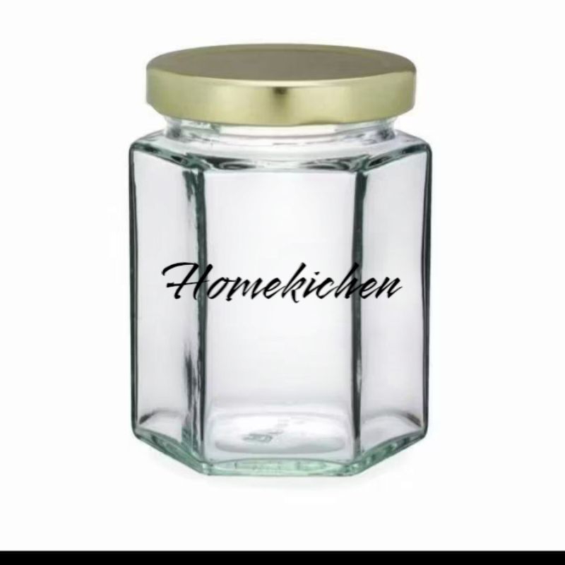 Toples Hexagonal Segi Enam 500ML Toples Beling Kaca Tutup Putar Kuning Emas Bumbu Dapur Selai Madu B