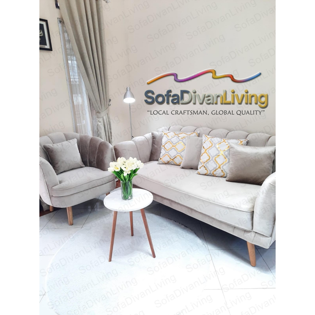 Sofa Kerang Flawie Velvet Premium Kaki Emas Cantik untuk Ruang Tamu
